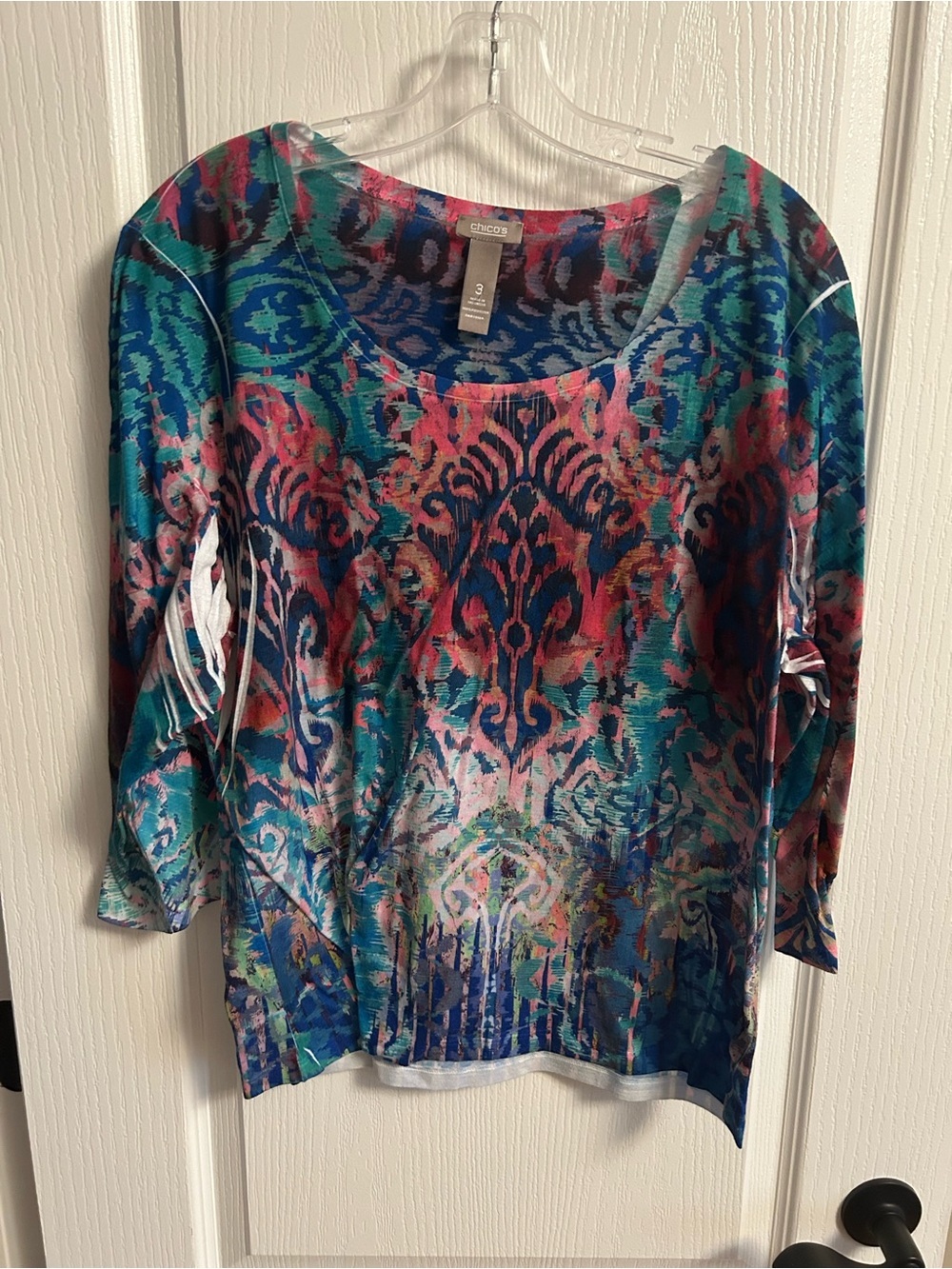 Chico's Multicolor Scoop Neck Long Sleeve Top - Teal & Pink Pattern